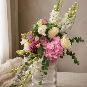 Blush Elegance – Aranjament Floral în Vază din Porțelan